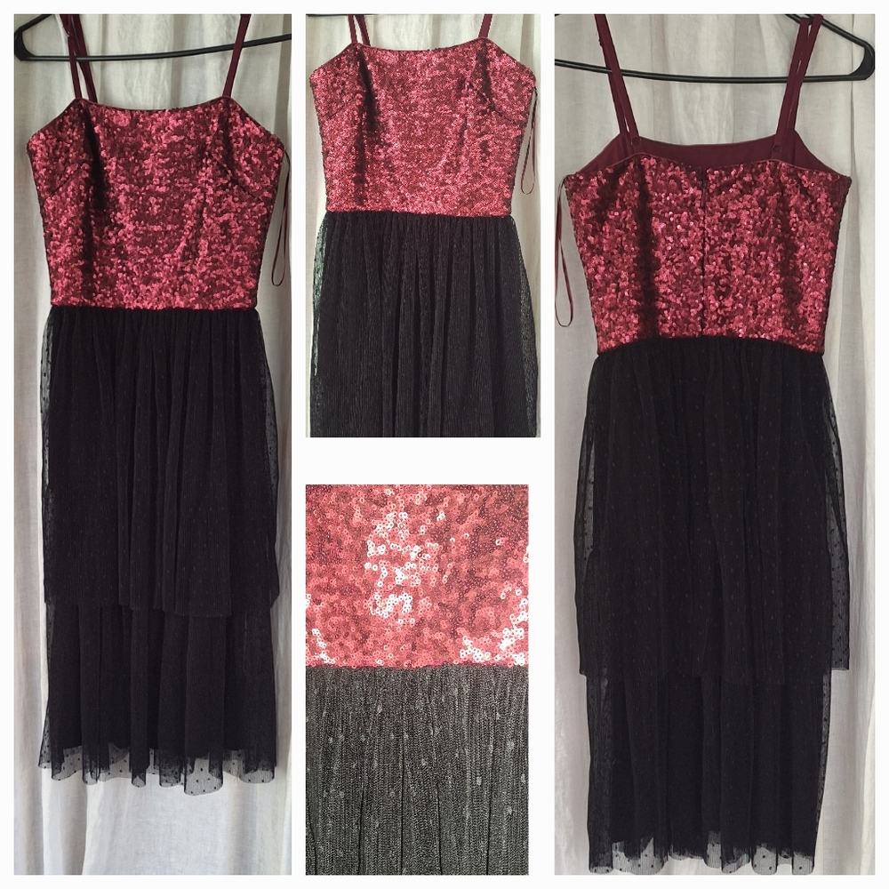 Free XS  Small Dress population merlot berry red black multi tulle sequin Tween